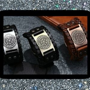 Norse Viking Rune Celtic Helm of Awe Lightweight Leather bracelet Adjustable